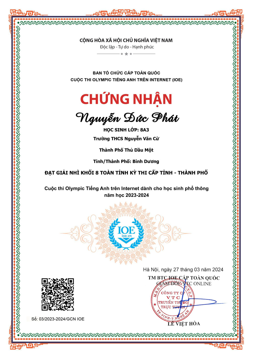 Giai Nhi cấp tỉnh Vòng Tỉnh Phát 8A3